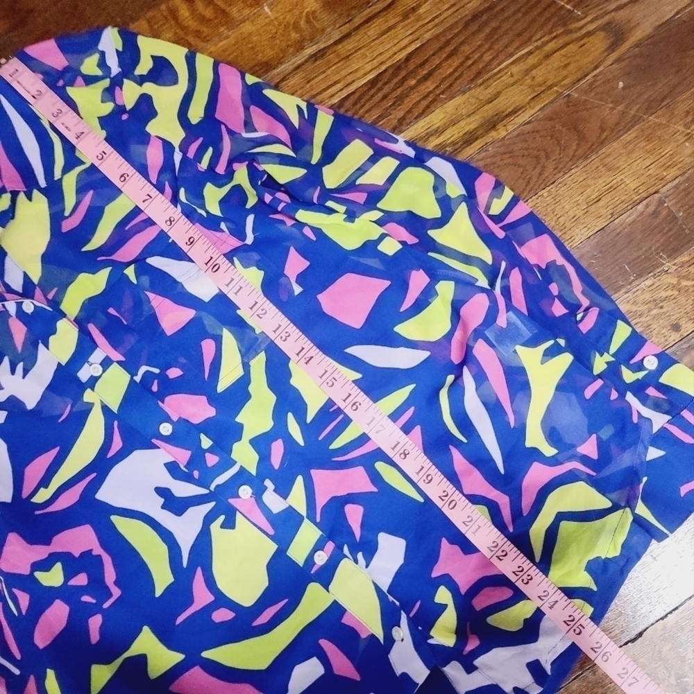 Neon Colorful Geometric Liz Claiborne Blouse Medium Career Semi Sheer - Picture 10 of 14